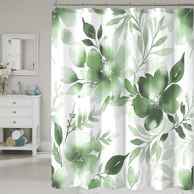 Floral Shower Curtain, Sage Green Watercolor Flower Shower Curtains for Bathroom, Modern Minimalist Waterproof Fabric Bath Curtain 72x72 Inch
