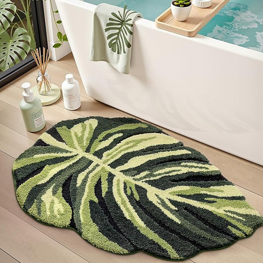 LUMI Cute Bathroom Rugs with Green Leaf Plant, Soft, Fluffy, Plush, Absorbent, Quick Dry, Non Slip, Machine Washable for Shower Floor, Bathroom, Bedroom, Kids Room, 32"x48", Dark Monstera