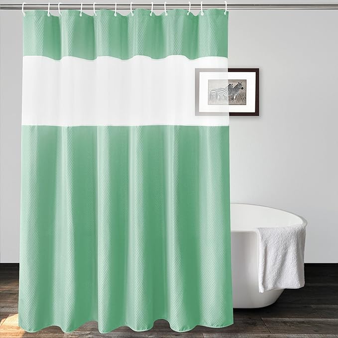 UFRIDAY Waffle Weave Fabric Shower Curtain with Mesh Window, Heavy Duty Decorative Bathroom Curtain with White Pique Pattern, Spa-Like Hotel Luxury, Water-Repellent,72 x 72 Inches