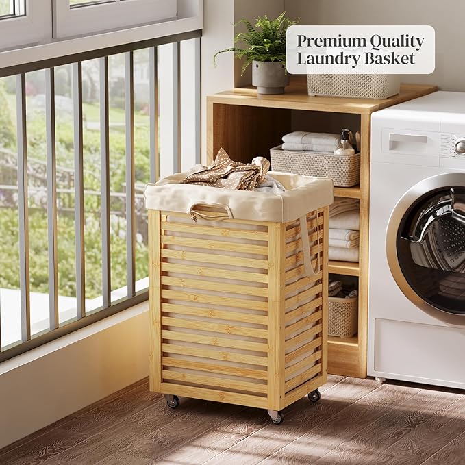 Laundry Hamper with Wheels, Laundry Basket with Liner, 85L Large bamboo wood Laundry Clothes Laundry Hamper, Liner with Handles, Dirty Clothes Storage Cart For Laundry Room, Dorm, Bedroom(Natural)