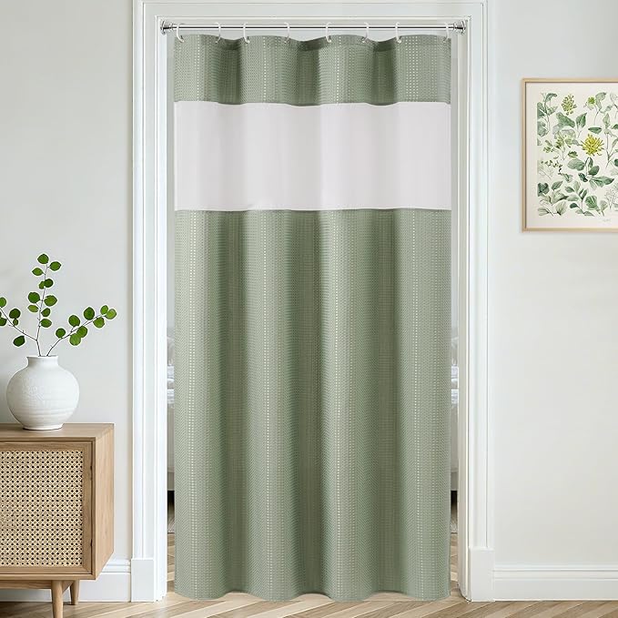 UFRIDAY Shower Stall Curtain 48x72 inch Sage Green Waffle Weave,Water-Resistant Polyester Shower Curtain with Mesh Top Window, Small Bathroom Curtain for Rv Camper Trailer