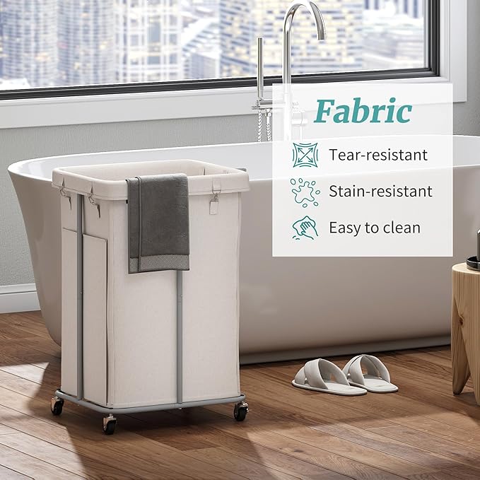 155L Laundry Hamper with Wheels, Rolling Laundry Basket with Metal Frame and Removable Bag, Double Laundry Hamper 2 Section, Large & Tall Dirty Clothes Hampers for Bedroom Aesthetic, Laundry Room