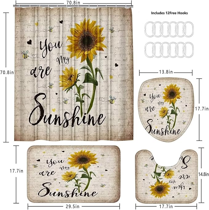 AZHM 4pcs Sunflower Shower Curtain Set with Rugs You are My Sunshine Bathroom Decor Set Bathroom Curtains Shower with 12 Hooks