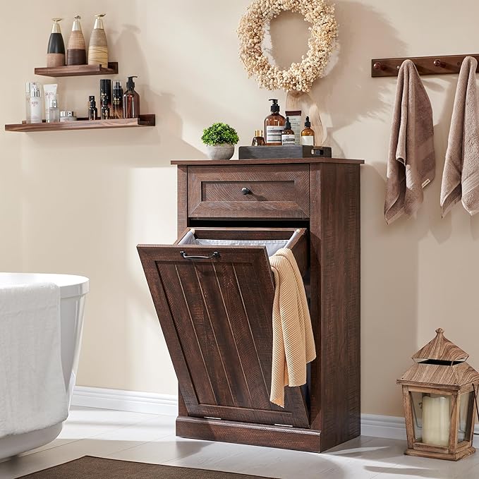 IFBUY Tilt Out Laundry Hamper Cabinet, 10 Gallon Farmhouse Trash Can Cabinet with Drawer, Hidden Wood Garbage Can Bin Cabinet with Laundry Storage Basket for Bathroom, Kitchen, Brown