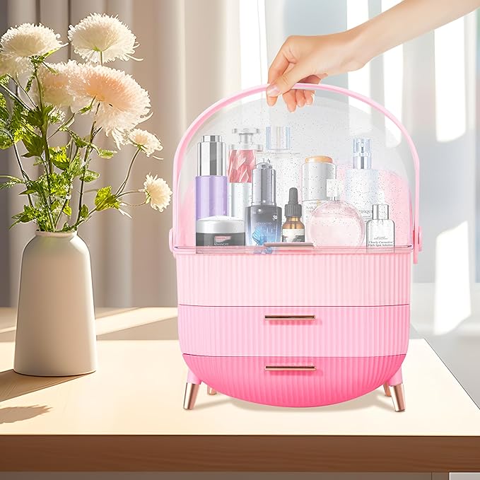 Ptesly Teen Girls Gift Makeup Organizer,Skincare Organizer Jewelry Storage,Cosmetics Storage and Display Case,Make Up Holders and Organizers for Countertop,Bathroom Organizer (Triple Pink)