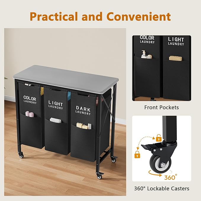 Gewudraw 3 Section Laundry Sorter with Ironing Board, Laundry Hamper with Removable Bags, Heavy Duty Rolling Laundry Cart with Lockable Wheels for Bathroom Bedroom, black