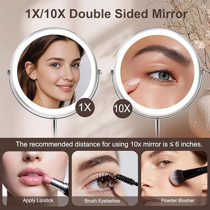 Flymiro Lighted Makeup Mirror,1x/10x Magnifying Vanity Mirror with Light,3000 mAh Rechargeable Light up Mirror,3 Colors Brightness Adjustable, 2-Sided, 8" Round,360° Rotation, Gift for Women