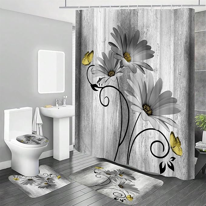 Onalasyc 4PCS Grey Daisy Flowers Butterfly Shower Curtain Set with Shower Curtain and Carpet and Accessories, Waterproof Bathroom Shower Curtain Decorative Set with 12 pcs Hooks,71 x 71in