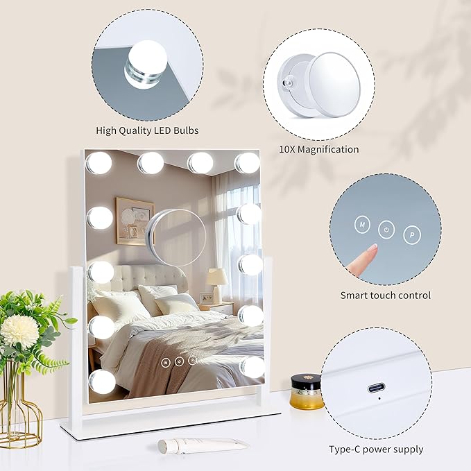 Kotdning Vanity Mirror with Lights,Lighted Vanity Mirror with 12 Dimmable Bulbs for Dressing Room & Bedroom,3 Color Lighting,Modes Detachable 10x Magnification 360°Ratation (White) 14.6" L x 17" W