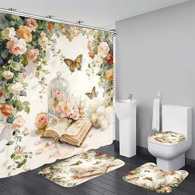 Yizheer Luxury 4Pcs Book Flower Butterfly Shower Curtain Set, Flower Pattern Castle Waterproof Bathroom Decor Kit (Shower Curtain + Bath Rugs + Toilet Lid Cover + Hooks), Elegant Curtain for Bathroom
