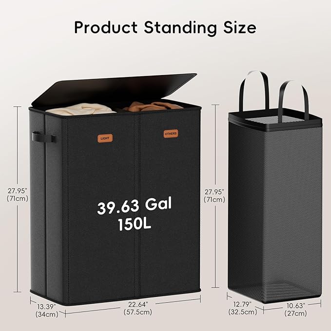 150L Double Laundry Hamper With Lid, Large Clothes Hampers with Removable Bag, Laundry Hamper 2 Section for Bathroom, Bedroom, Laundry Room, Dorm, Black