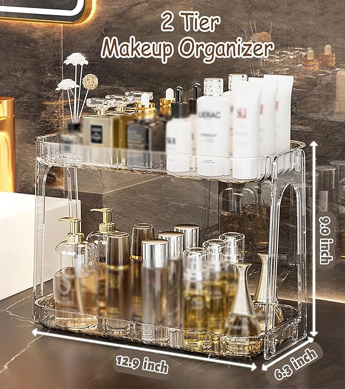 VNIMTI Skincare Organizers 2 Tier, Makeup Organizer Countertop, Cosmetic Display Cases, Makeup???Skincare Organizer for Vanity, Desktop, Bathroon, Ideal for Women (Free Standing - Clear)