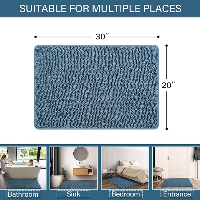 LOCHAS Luxury Bathroom Rug Shaggy Bath Mat 20 x 30 Inch, Washable Non Slip Bath Rugs for Bathroom Shower, Soft Plush Chenille Absorbent Carpets Mats, Denim Blue