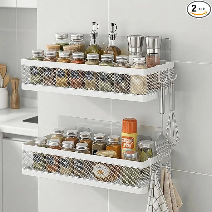 PUSDON Mesh Shower Caddy Wall Mount, Heavy Duty Adhesive Bathroom Shelf Organizer, Rustproof Floating Spice Rack for Kitchen Pantry, Holds 50 LBS, Multi-Purpose Storage White-2 Packs (Netting)
