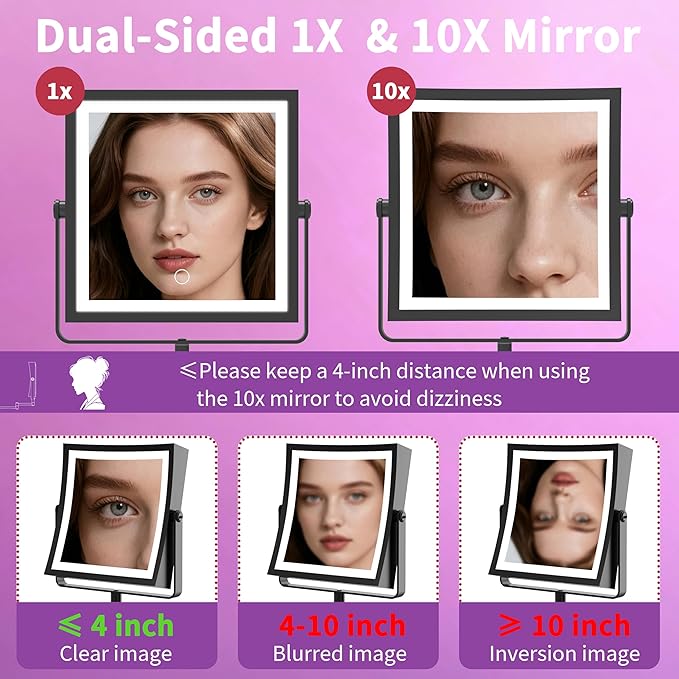 Wall Mounted Lighted Makeup Mirror, Rechargeable Double-Sided 1X/10X Magnifying Mirror with Light, Touch Dimmable 3 Color Lights, 360° Rotation Extendable Arm (Matte Black)