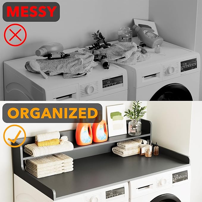 SpaceAid Washer Dryer Countertop with 2-Tier Shelf, Wood Topper with Edge, 54" Width x 27.5" Depth Cover Organizer Guard for Washer and Dryer Counter Laundry Hamper Storage (Gray)
