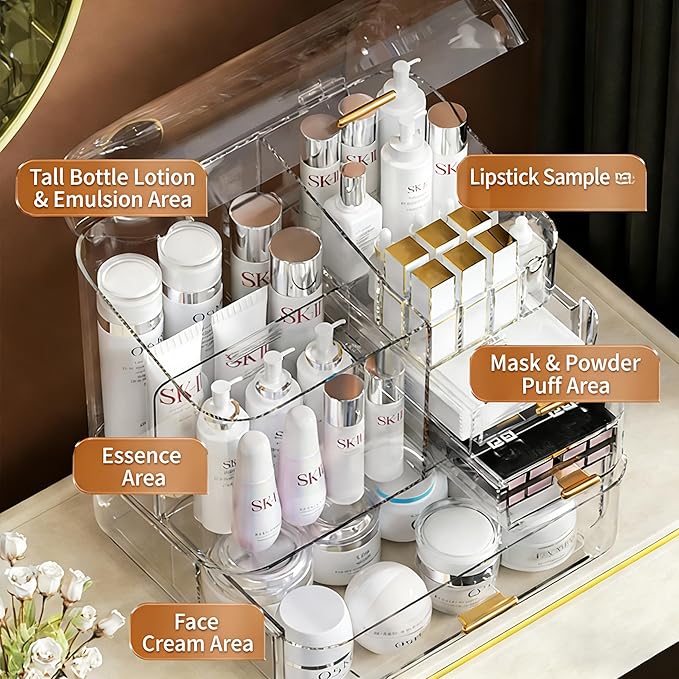 Luxury Makeup Organizer with 3 Drawers & Dustproof Flip Lid, Large Capacity Cosmetic Display Case for Vanity, Clear Countertop Skincare Storage with 6 Lipstick Slots