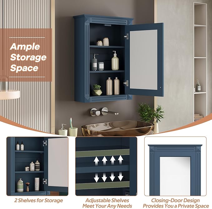 Merax Bathroom Medicine Cabinet with Mirror Door & Adjustable Shelves, 20" x 28" Wall Mounted Bathroom Storage Cabinet with Mirror, Over the Toilet