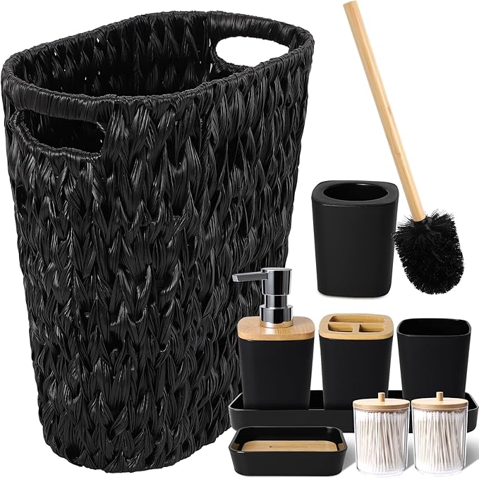 XLHOMO Black Bathroom Accessories Set with Wicker Trash Can, Black Bathroom Accessories Set Bathroom Sets Small Waste Basket Bathroom Trash Can for Bedroom Bathroom