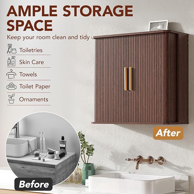 Furnaza Bathroom Wall Cabinet with Fluted Sliding Door, 29.5" W Medicine Cabinet with Adjustable Shelf, Wall Mounted Storage Cabinet for Laundry Room Kitchen, 11.7" D x 29.5" W x 27.68" H