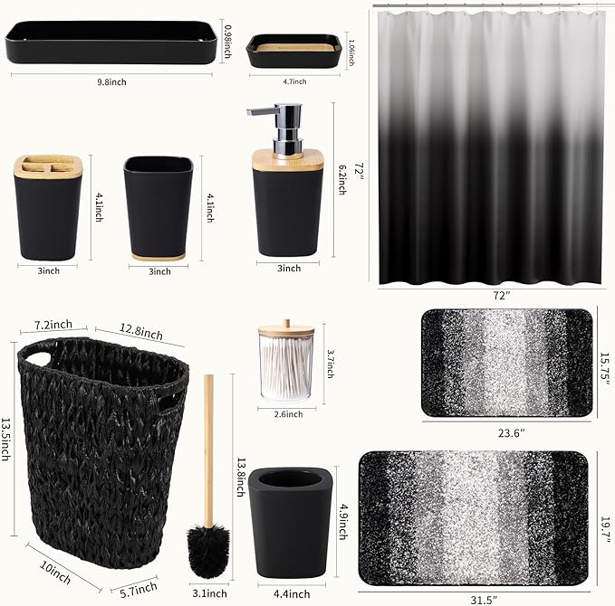 XLHOMO Black Bathroom Accessories Set with Wicker Trash Can Shower Curtain and Rugs,Bathroom Sets Small Waste Basket Bathroom Trash Can for Bedroom Bathroom