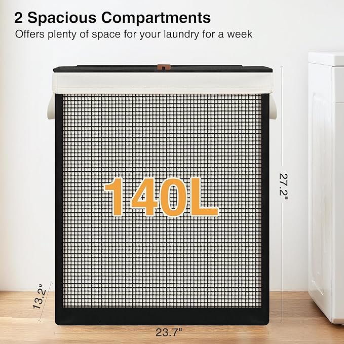 STO STO Double Laundry Hamper with Lid, 140L Large 2 Section Laundry Sorter, Laundry Basket with Removable Washable Canvas Liner Bag, Breathable Clothes Hamper for Bedroom Bathroom Laundry Room Closet