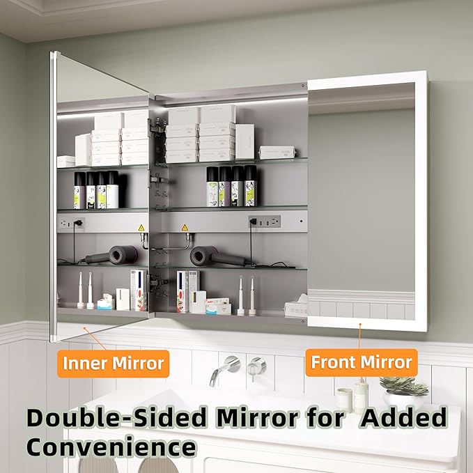 LED Medicine Cabinet Mirror, 36 x 30 Inch Inch Bathroom Storage, Recessed/Wall Mount, Plug-in/Hardwired, 3 Color Dimmable Light, Anti-Fog, Time Temp Display