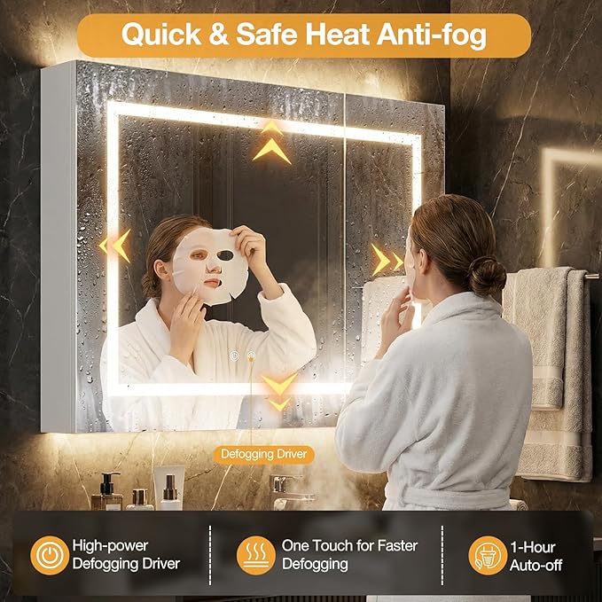 LED Lighted Bathroom Medicine Mirror Cabinet with 3-Color LED Lights, Anti-Fog, Dimmable, Wall Mount, 3-Adjustable Shelves, Wall Mounted Bathroom Mirror with Storage (24‘’×32‘’)