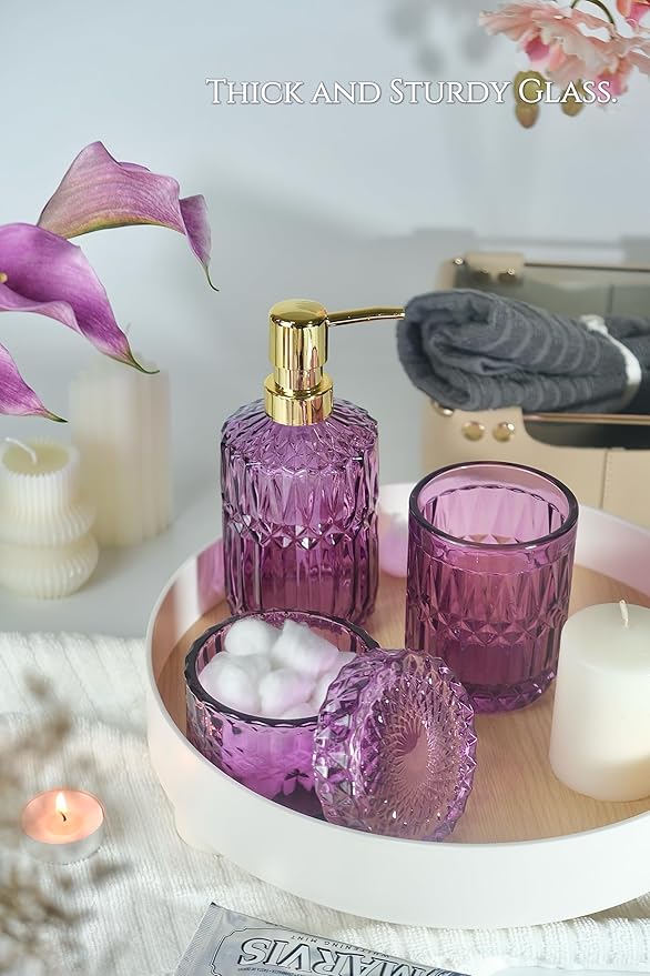 LaMarriti Purple Bathroom Accessories Set, 5Pcs Clear Glass Bathroom Decor Set, Soap Dispenser, Toothbrush Holder Set, Soap Dish, Qtip Holder, Tumbler for Vintage Crystal Bathroom Decor, Gift Set