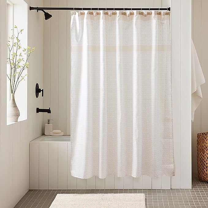 Bathroom Accessories Set, Bath Accessory Complete Set with Lotion Dispenser/Soap Pump, Soap Dish and Toothbrush Holder, Bath Mat, Shower Curtain with 12 Hooks (Embossed Pattern, Tan)