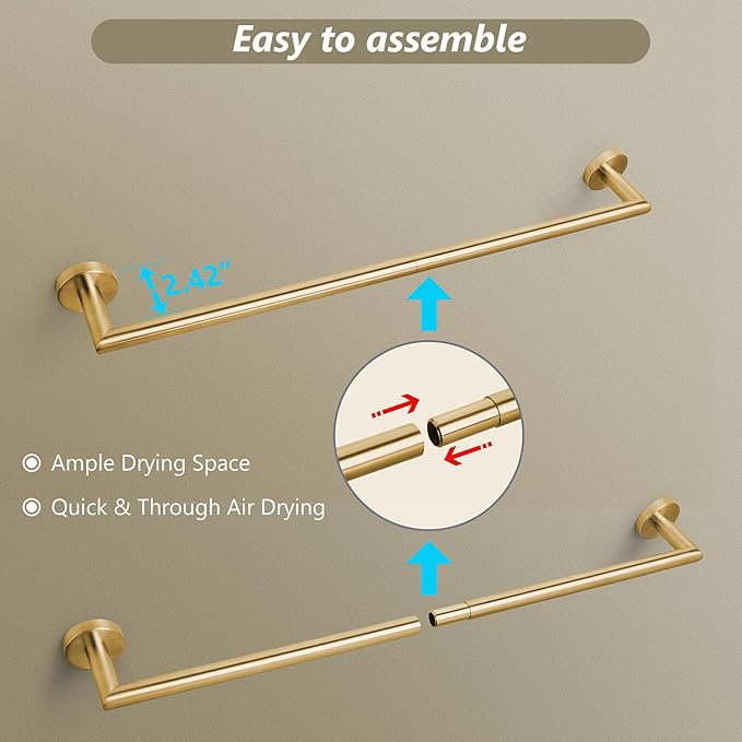 JunSun Towel Bar 30 Inch Bathroom Towel Rack Heavy Duty Bath Towel Holder Modern Towel Rod Brushed Brass Towel Hanger Bathroom Accessories Gold Towel Rail Stainless Steel Single Towel Bar Brushed Gold