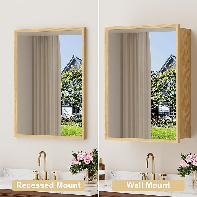 24x30 Inch Wood Medicine Cabinet with Mirror, Surface or Recessed Mounted Bathroom Cabinets with Adjustable Shelves, Soft-Close Hinges, Wall Mounted Cabinet for Storage