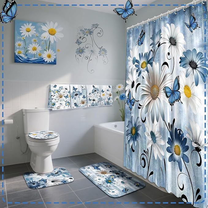 FuWeave 8 Pcs Rustic Farmhouse Shower Curtain Sets for Bathroom Daisy Floral and Butterfly Shower Curtain Sets with Rugs, Flowers Towels, Non-Slip Rug, Toilet Lid Cover, Bath Mat and 12 Hooks (Blue)
