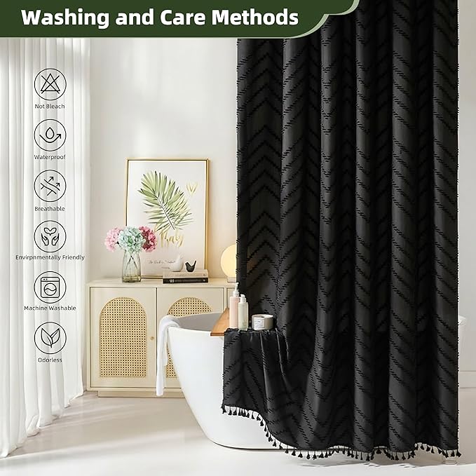 Extra Long Black Boho Shower Curtain with Tassel, Woven Fabric 72 x 90, Tufted Chevron Striped, Modern Chic Textured Minimalist