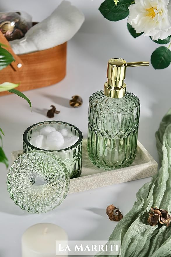 LaMarriti 4pcs Glass Bathroom Accessories Set, Clear Green Bathroom Soap Dispenser Set, Toothbrush Holder, Soap Dish, Soap Dispenser, Qtips Holder Set for Crystal Vintage Bath Decor (Green)