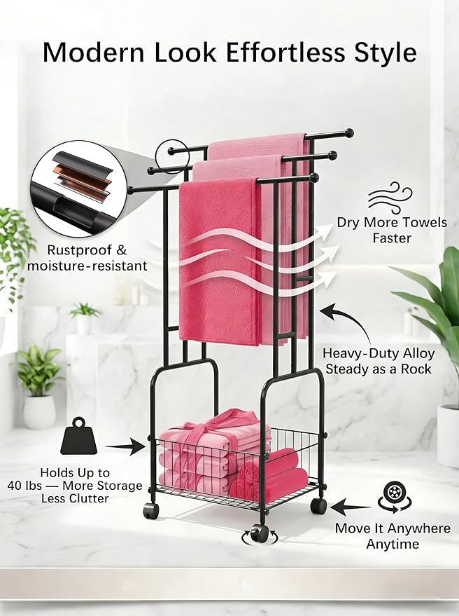 42.5" H Free Standing Towel Rack, 3-Tier Reinforced Alloy Metal Towel Racks for Bathroom with Wheels and Storage Basket, Large Size Pool Towel Rack Outdoor, Multi-Use Blanket Drying Stand