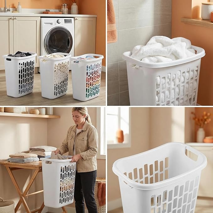 (3-Pack) 1.8 BUSHEL Slim-Iine Open Plastic Laundry Hamper, with Reinforced Handle for Easy Carrying of Clothes, Durable, Suitable for Bedrooms, Laundry Rooms, Bathrooms, White