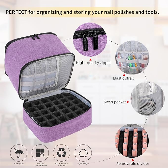 Travel Nail Polish Organizer, Holds 30 Bottles (15ml), Double-layer Nail Polish Carrying Case, Large Capacity Portable Storage Bag for Nail Varnish and Manicure Set