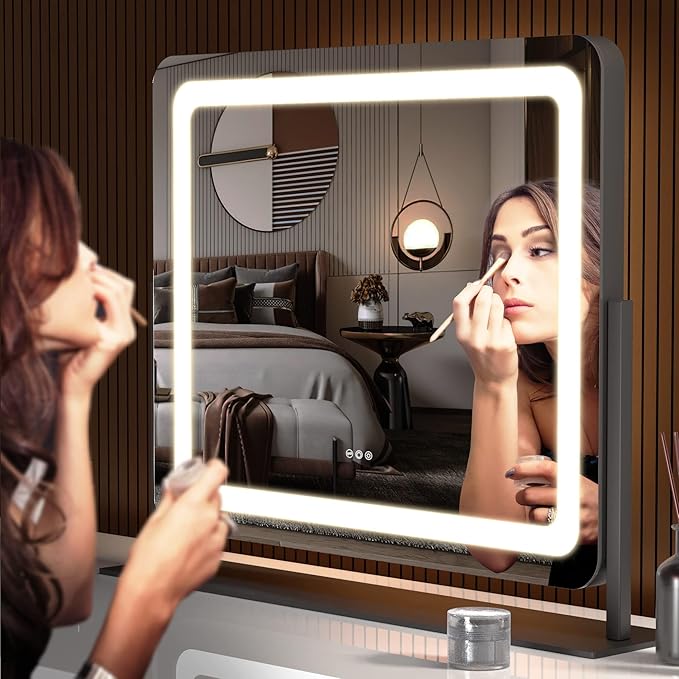 Hasipu Vanity Mirror with Lights, 24.2" x 20" LED Make up Mirror, Light up Mirror with 10X Magnification and USB Charging Port, Phone Holder, Smart Touch 3 Colors Dimmable, 360° Rotation (Black)