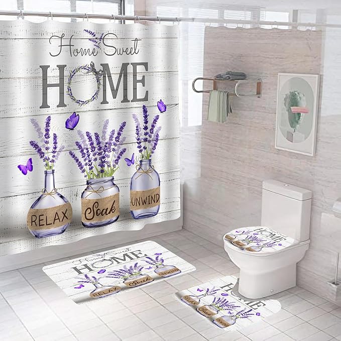 ALEXEX 4 PCS Purple Lavender Shower Curtain Sets,Home Sweet Bathroom Set with Shower Curtain and Rugs and Accessories,Farmhouse Country Shower Curtain Bathroom Decor with 12 Hooks,72 X 72 Inches