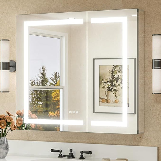 TETOTE 36 x 32 LED Lighted Bathroom Medicine Cabinet with Lights, 2 Door Recessed or Surface Mount Led Mirrored Medicine Cabinet, Tempered Glass, Outlets & USB, Adjustable Shelf, 3-Color Lights