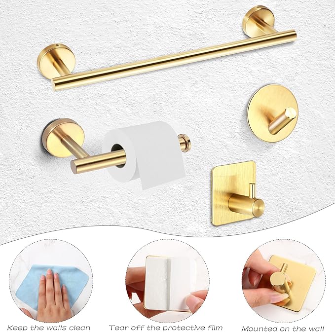 10 Pcs Matte Bathroom Hardware Set SUS304 Bathroom Hanger Set 16 Inch Hand Towel Bar Towel Holder Toilet Paper Holder Angled Hook 2 Robe Towel Hooks Wall Mounted Accessory(Gold)