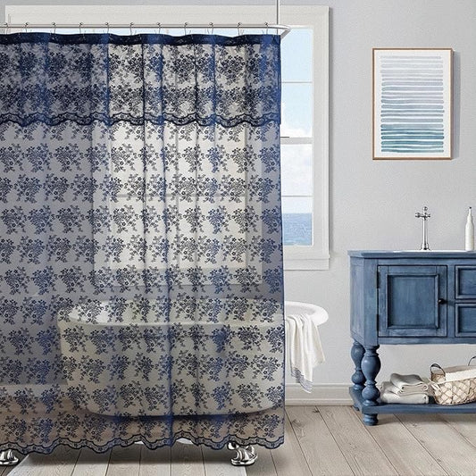 YJ YANJUN Navy Blue Shower Curtain with Attached Valance Vintage Floral Lace Shower Curtain for Bathroom Boho Feminine Scallop Edge Bathroom Curtains 1 Panel, 72 x 72 Inch Navy