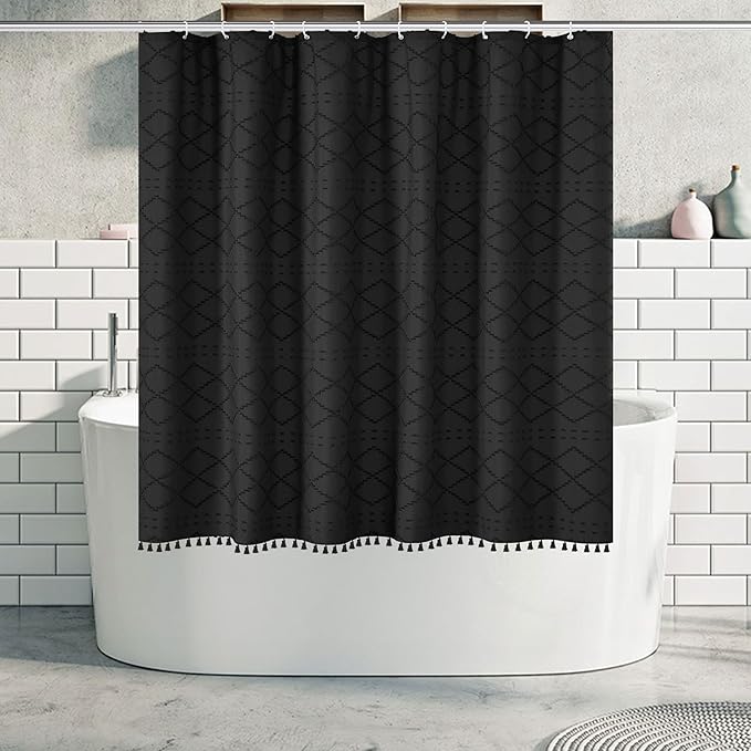 Boho Black Woven Fabric Short Shower Curtain with Tassels 72 x 66 Modern Farmhouse Minimalist Tufted Chevron Striped Shabby Chic Textured, Water Resistant Curtain for Bathroom, Hotel Decor