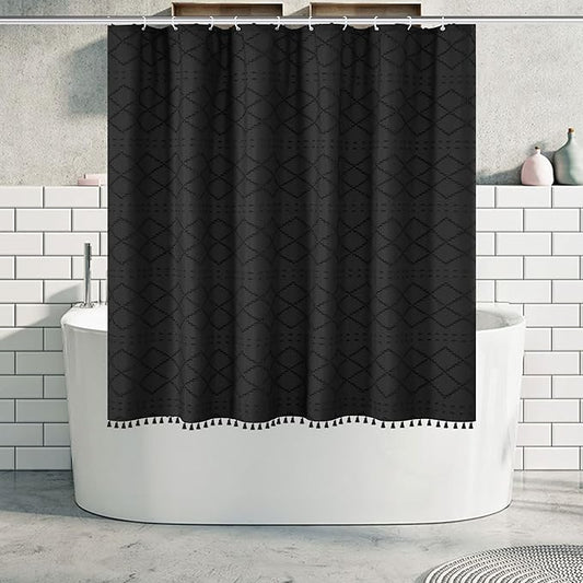 Boho Black Woven Fabric Short Shower Curtain with Tassels 72 x 66 Modern Farmhouse Minimalist Tufted Chevron Striped Shabby Chic Textured, Water Resistant Curtain for Bathroom, Hotel Decor