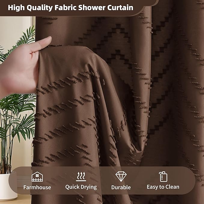 Extra Long Boho Shower Curtain, Woven Fabric 84 in Brown Shower Curtain, 72 x 84, Tufted Chevron Striped Modern Chic Textured Minimalist Bathroom