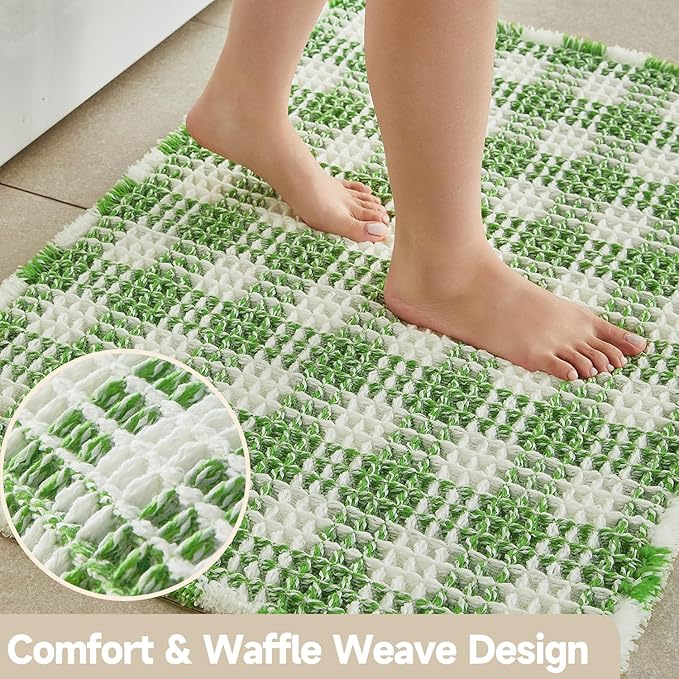 Waffle Bath Mat, Boho Bathroom Rugs Non Slip Washable Absorbent Checkered Bathroom Mat Quick Dry Cute Bath Mat, 24"x16" Green and White