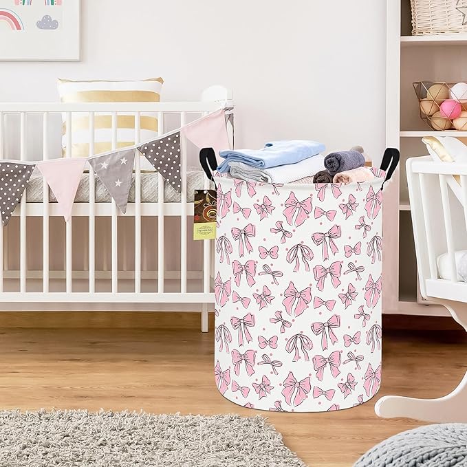 HUNRUNG Laundry Hamper,Large Canvas Fabric Lightweight Storage Basket Toy Organizer Dirty Clothes Collapsible Waterproof for College Dorms???Round-Pink Bow???