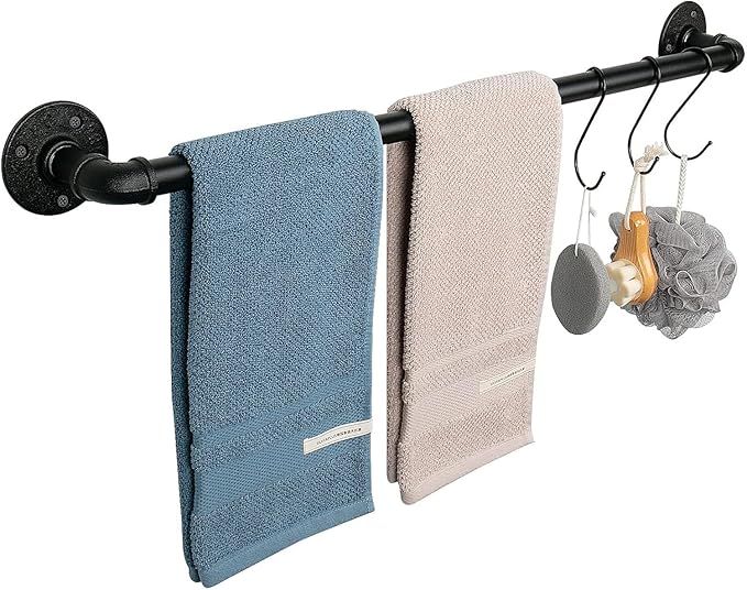 Industrial Pipe Towel Rack Towel Bar, Heavy Duty Wall Mounted Rustic Farmhouse Bath Towel Holder for Bathroom (Black, 32 inch)