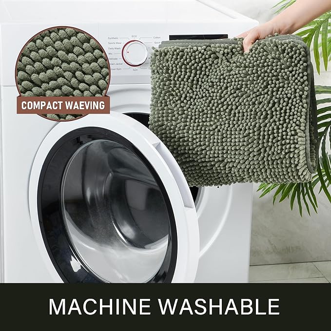 LOCHAS Luxury Bathroom Rug Shaggy Bath Mat 24 x 48 Inch, Washable Non Slip Bath Rugs for Bathroom Shower, Soft Plush Chenille Absorbent Carpets Mats, Sage Green